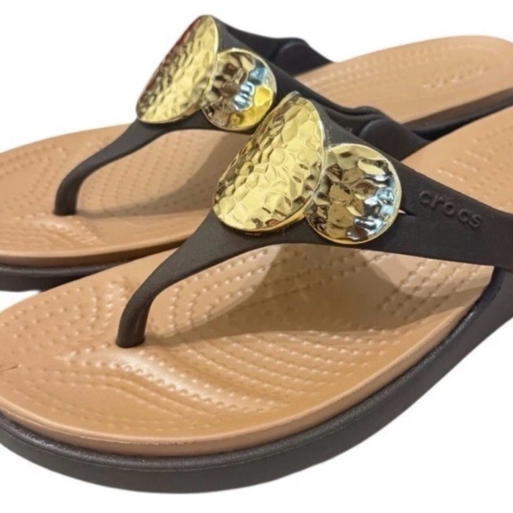 CROCS Black Thong Sandals with Gold Heart Accents